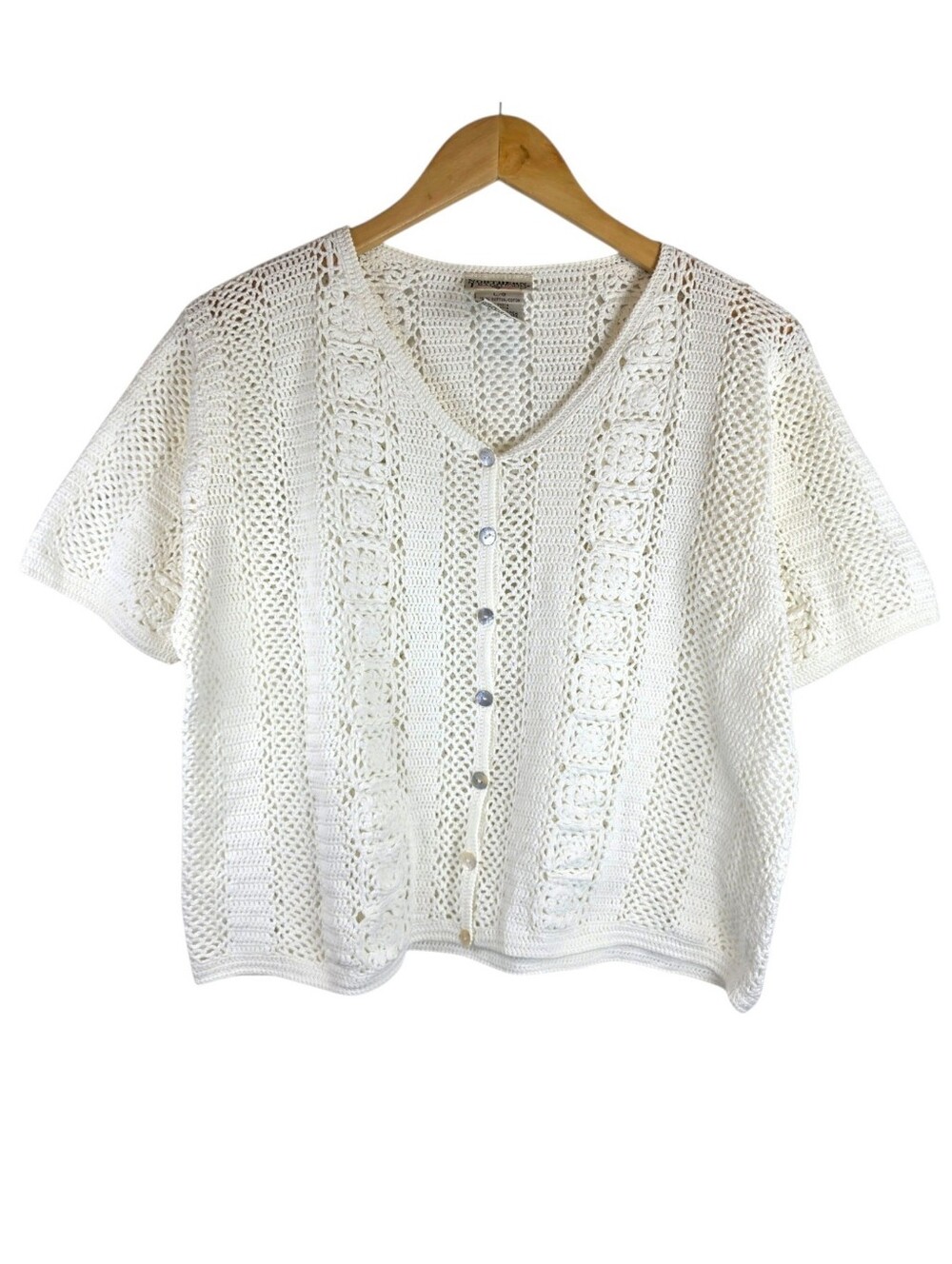 VTG Northern Traditions Cotton Hand Crochet Cardigan Ivory Cottagecore Coquette
